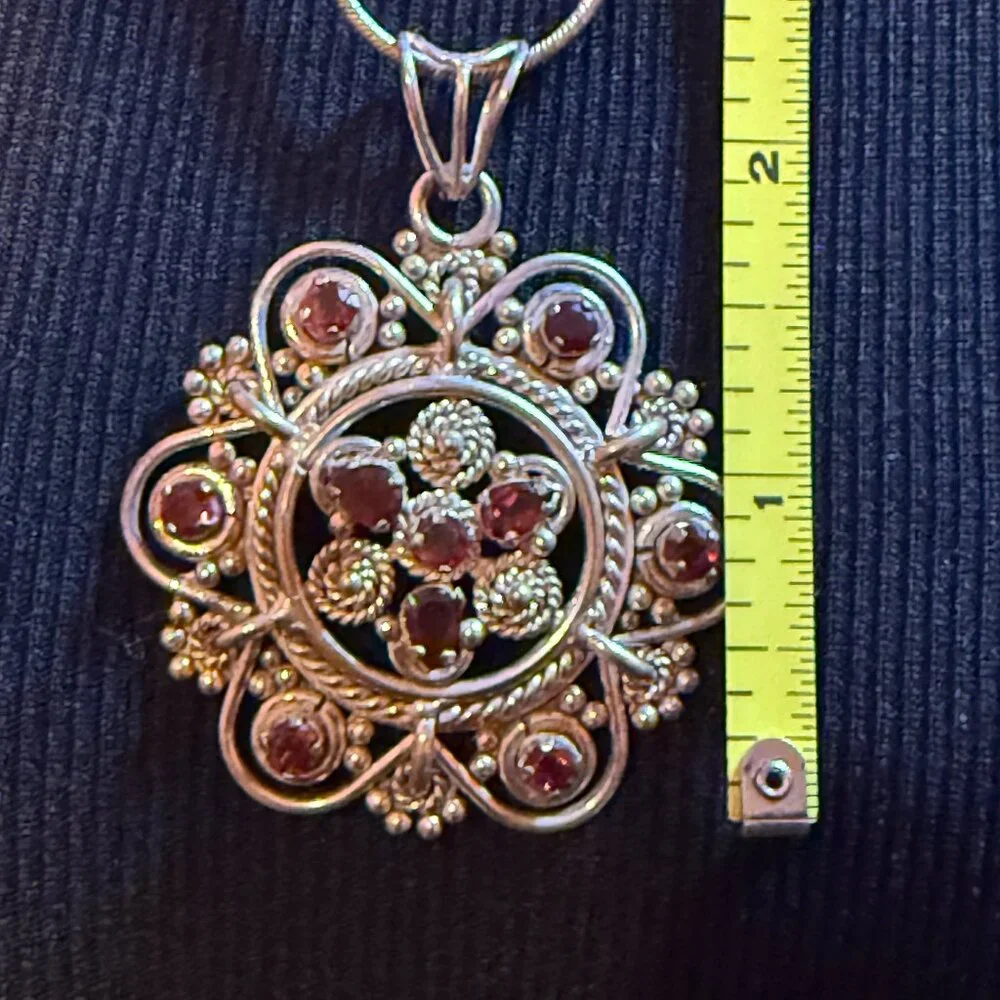 Sterling 925 and Garnet Bohemian Pendant with Sterling Silver 20 Inch Chain